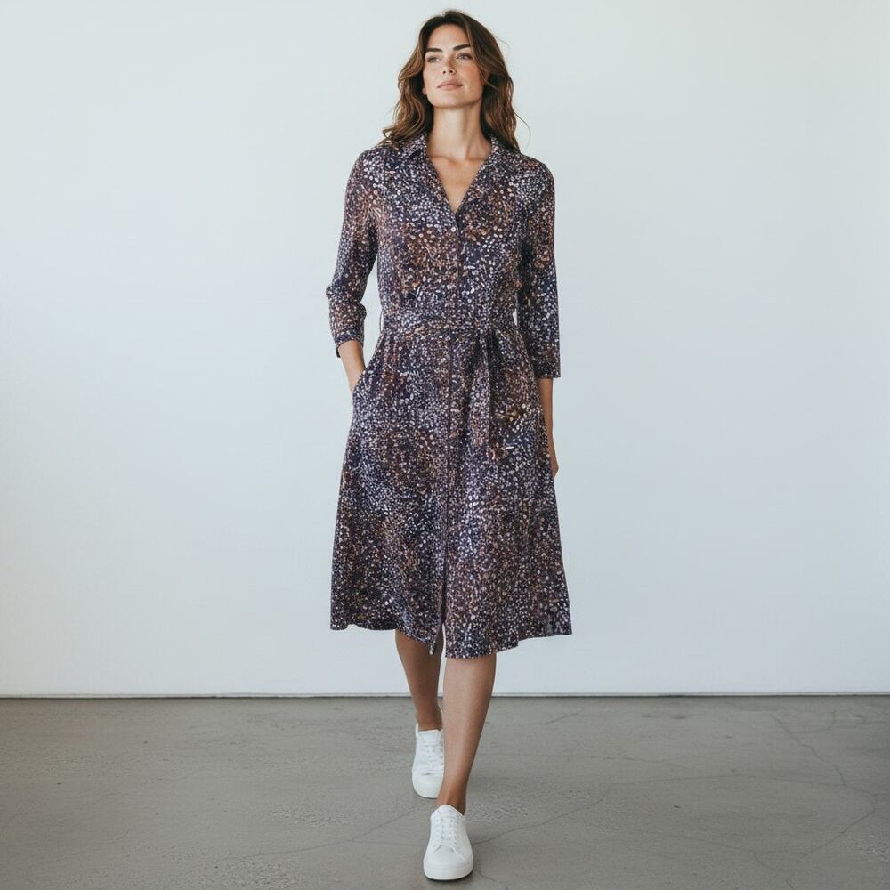 Garnet Hill Women Mixed Print Mavis Button Up Tie Waist Knit Dress Size S